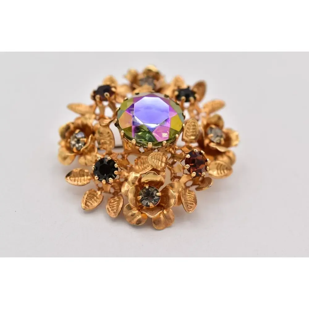 Vintage Austrian Crystal Pin Brooch Flower Gold Tone Aurora Borealis 1960s BinBI